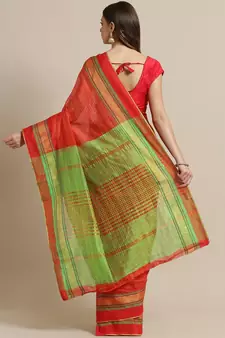 Red woven blended cotton saree with blouse