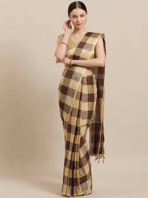 Brown woven blended cotton saree with blouse 1