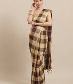 Brown woven blended cotton saree with blouse