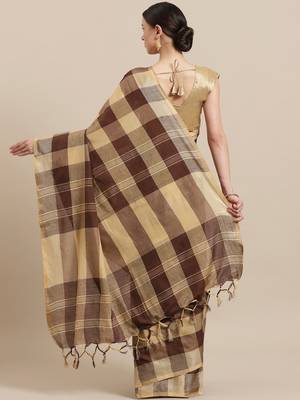 Brown woven blended cotton saree with blouse 2