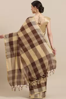 Brown woven blended cotton saree with blouse