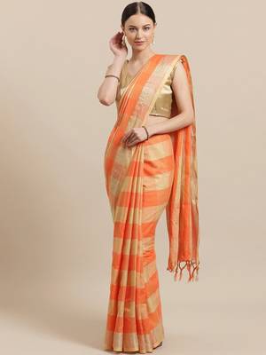 Orange woven blended cotton saree with blouse 1