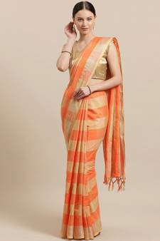 Orange woven blended cotton saree with blouse