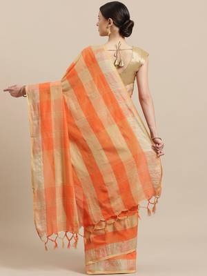 Orange woven blended cotton saree with blouse 2
