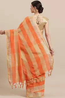 Orange woven blended cotton saree with blouse