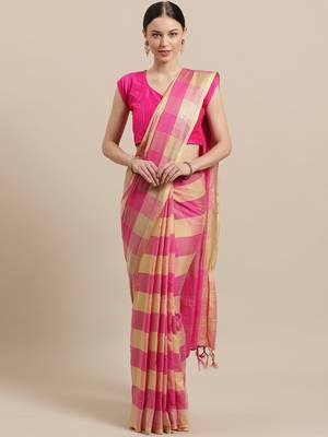 Pink woven blended cotton saree with blouse 1