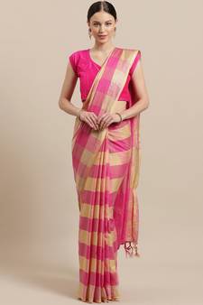 Pink woven blended cotton saree with blouse