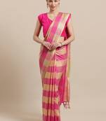 Pink woven blended cotton saree with blouse
