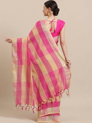 Pink woven blended cotton saree with blouse 2