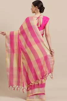 Pink woven blended cotton saree with blouse