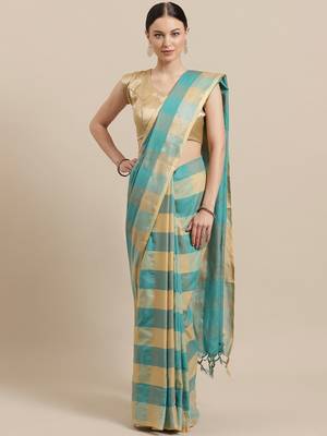 Green woven blended cotton saree with blouse 1
