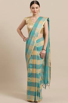 Green woven blended cotton saree with blouse