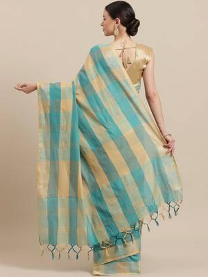 Green woven blended cotton saree with blouse 2