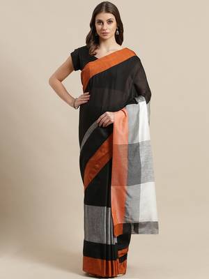 Orange woven blended cotton saree with blouse 1