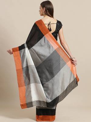 Orange woven blended cotton saree with blouse 2
