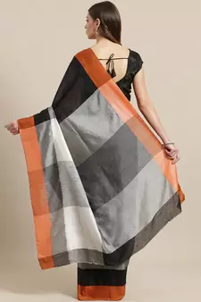Orange woven blended cotton saree with blouse