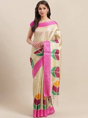 Pink printed art silk saree with blouse 1