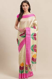 Pink printed art silk saree with blouse