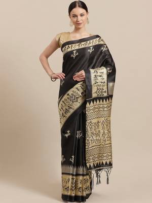 Black printed art silk saree with blouse 1