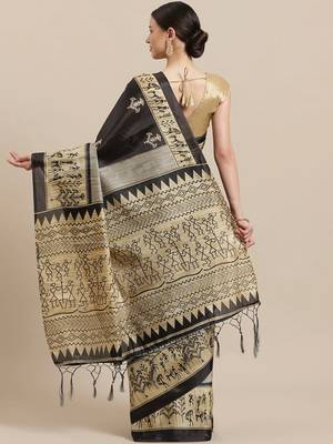 Black printed art silk saree with blouse 2