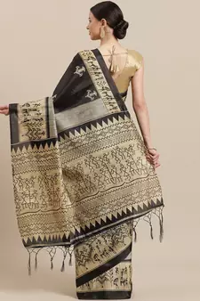 Black printed art silk saree with blouse