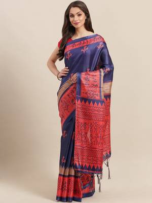 Blue printed art silk saree with blouse 1