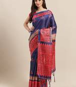 Blue printed art silk saree with blouse