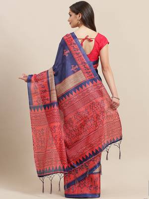 Blue printed art silk saree with blouse 2