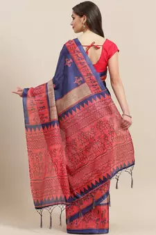 Blue printed art silk saree with blouse