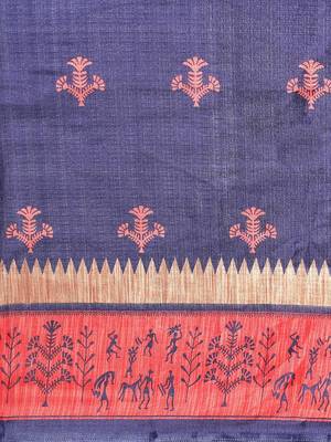 Blue printed art silk saree with blouse 3