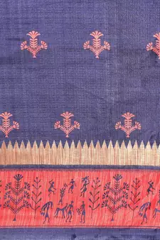 Blue printed art silk saree with blouse