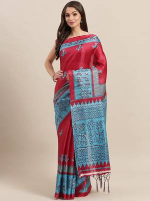 Maroon printed art silk saree with blouse 1