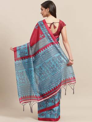 Maroon printed art silk saree with blouse 2
