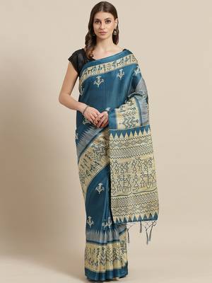 Blue printed art silk saree with blouse 1