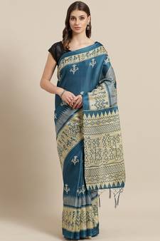 Blue printed art silk saree with blouse