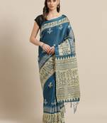 Blue printed art silk saree with blouse