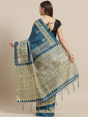 Blue printed art silk saree with blouse 2