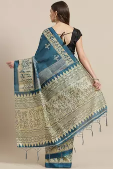 Blue printed art silk saree with blouse