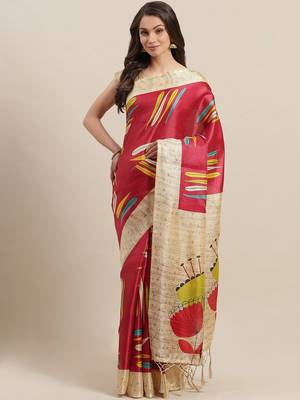 Red printed art silk saree with blouse 1