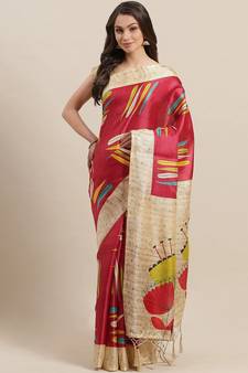 Red printed art silk saree with blouse