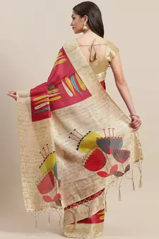 Red printed art silk saree with blouse