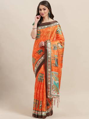 Orange printed art silk saree with blouse 1