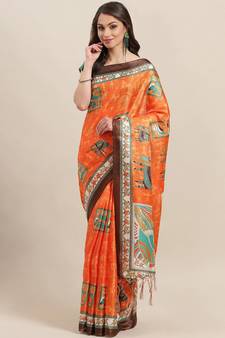 Orange printed art silk saree with blouse