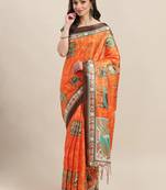 Orange printed art silk saree with blouse