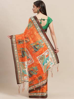 Orange printed art silk saree with blouse 2