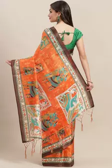 Orange printed art silk saree with blouse