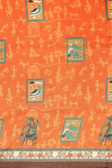 Orange printed art silk saree with blouse