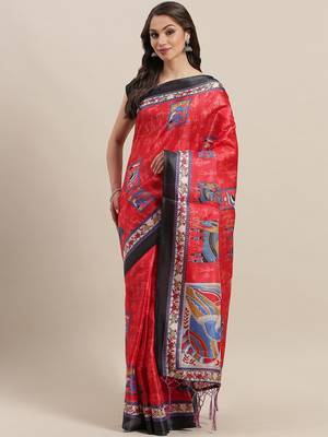 Red printed art silk saree with blouse 1