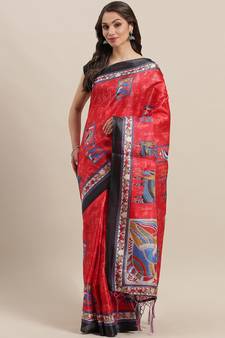 Red printed art silk saree with blouse