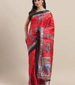 Red printed art silk saree with blouse